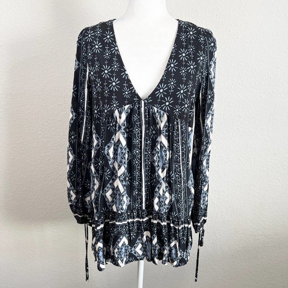 Free People Tunic Top Women's M Voile By The Bay Boho Puff Sleeve Gypsy Black - Picture 2 of 8